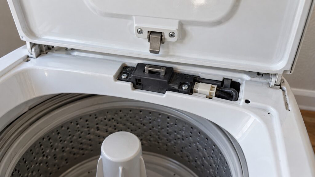 The lid lock assembly of a top-load washing machine seen from above with the top panel lifted, showing the latch tongue and the strike plate it enters