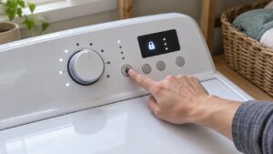 The control panel of a white top-load washing machine with the letters LOC lit in the display and a finger resting on the padlock pad beside the cycle dial