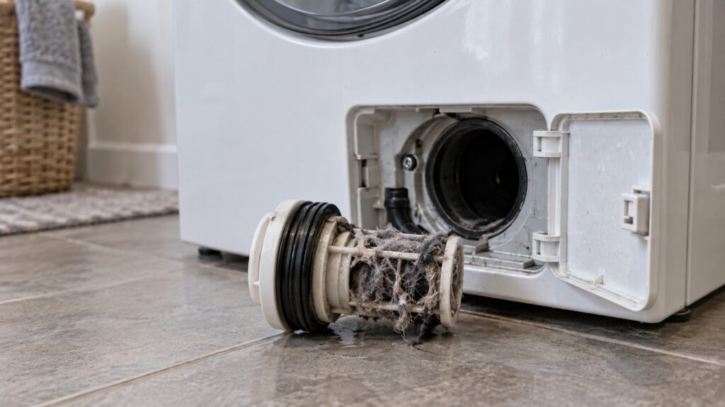 The open drain pump filter access door at the bottom front of a washing machine with the filter cartridge pulled out and lint wrapped around it