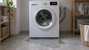 A white front-load washing machine in a laundry room with F9E1 lit in its display and a shallow puddle of water on the floor tiles in front of it