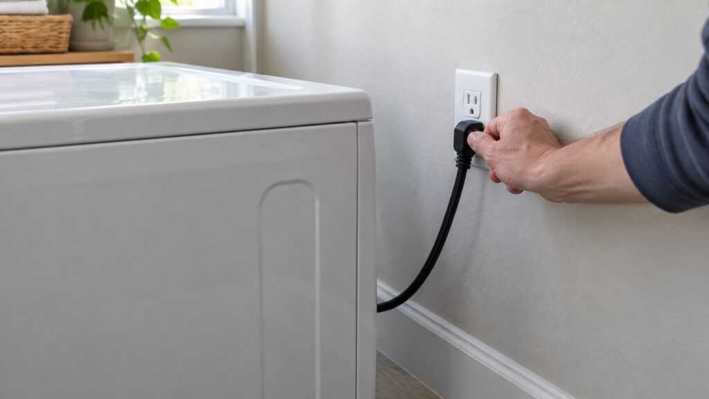 A washing machine power cord and wall outlet behind the machine, with a hand checking that the plug is seated firmly in the socket