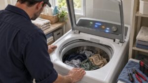 A top-load washing machine with its lid raised in a home laundry room, an unreadable code glowing on its display and wet laundry lying in an empty drum with no water