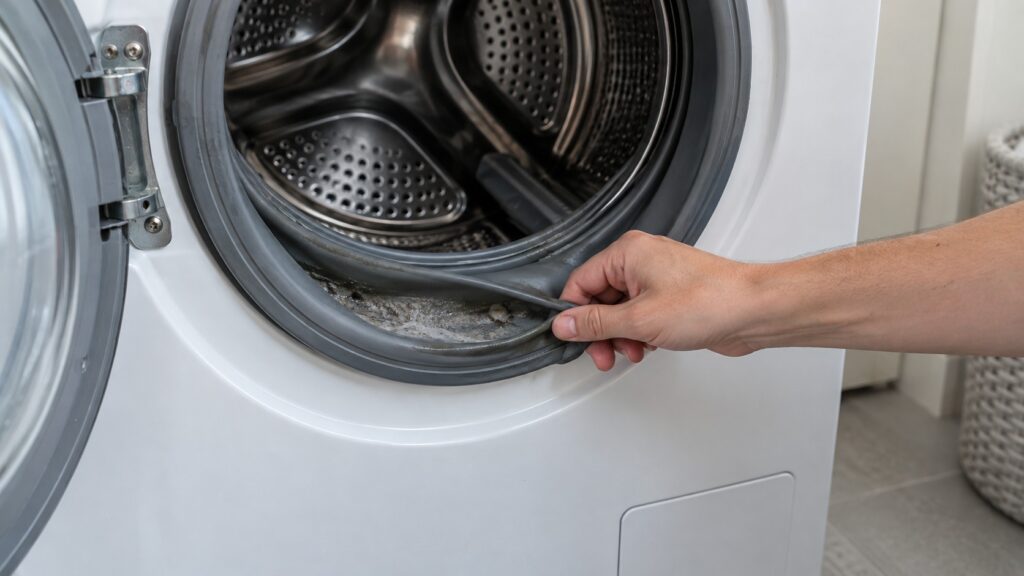 The rubber door boot of a front-load washing machine pulled back by hand to show the fold at the bottom with a gray film of detergent residue inside it