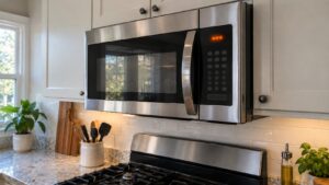 An over-the-range stainless steel microwave mounted above a gas range in a home kitchen, an unreadable fault code lit on its display