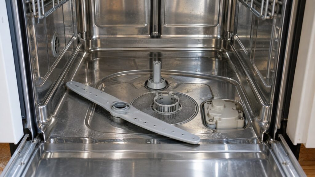 The inside of an open dishwasher with the lower rack removed, showing the lower spray arm lifted off and the diverter valve housing in the floor of the tub beside the filter