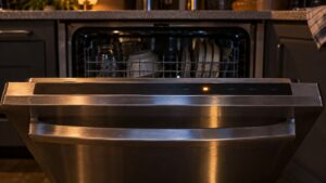 The control panel along the top edge of an open stainless steel dishwasher door in a kitchen at night, with one cycle indicator light blinking and the others dark