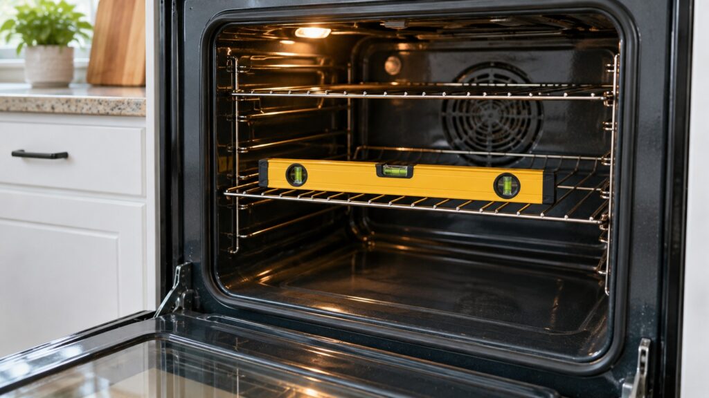 A spirit level laid across the middle wire rack inside an empty oven cavity