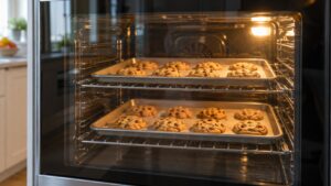 Two trays of cookies baking on separate racks inside a lit oven cavity seen through the door glass