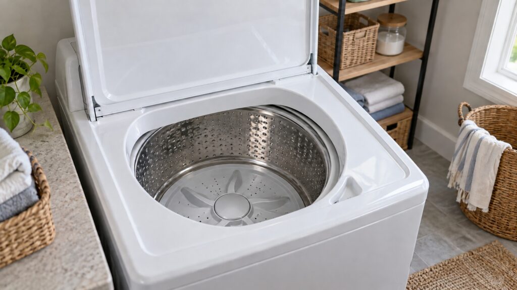 The open lid of a top-load washer showing a low impeller disc on a flat drum floor