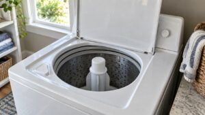 The open lid of a top-load washer showing a tall central agitator post inside the drum
