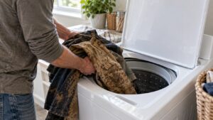 A pile of muddy work clothes being loaded into the drum of a top-load washing machine