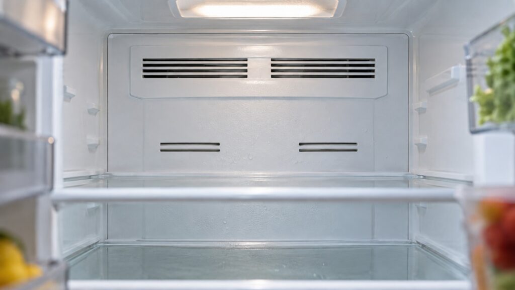 A close view of the rear interior wall of a refrigerator showing the air vents behind the shelves