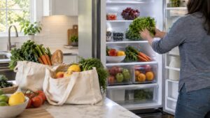 An open refrigerator being loaded with grocery bags of fresh food on a kitchen counter nearby