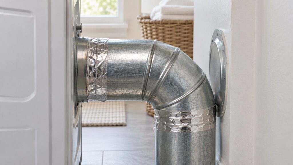 A close view of a rigid metal dryer vent elbow sealed with foil tape at the joint