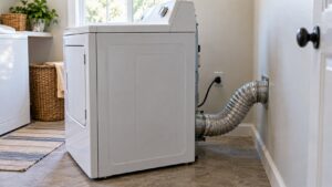A clothes dryer pulled forward from the wall in a laundry room showing the metal vent duct behind it