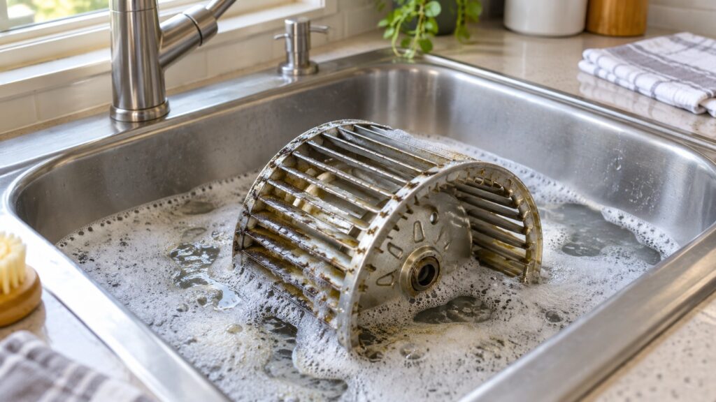 A range hood blower wheel removed and soaking in a sink of hot soapy water