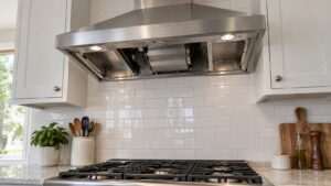 A stainless steel range hood above a cooktop with the grease filters removed showing the cavity inside