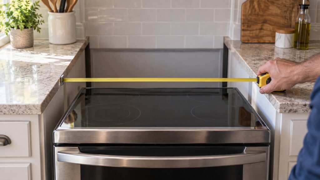 A tape measure held across the cabinet opening where a slide-in range sits between two counter runs