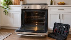 A freestanding kitchen range with the oven door open and a technician tool kit on the floor beside it
