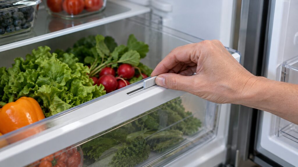 A close view of a hand moving the humidity slider on the front edge of a refrigerator crisper drawer