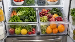Two open refrigerator crisper drawers filled with fresh leafy greens and fruit